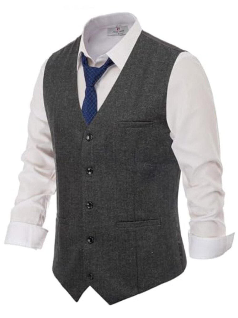 Men's Wool Blend Tweed Vest, Sleeveless V-Neck, 5-Button Smart Vest, Formal &